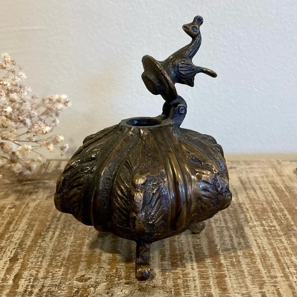 Vintage Ornate Footed Metal Inkwell with Rooster Lid